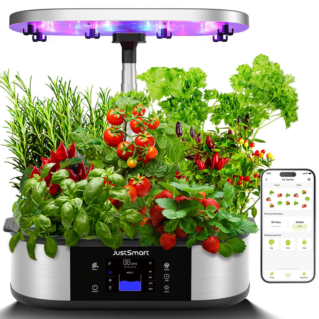 Système de culture hydroponique GARVEE, jardin intelligent WiFi avec 12 modules, lampe LED 30 W, idéal pour les herbes aromatiques en intérieur, hauteur réglable de 76 cm.