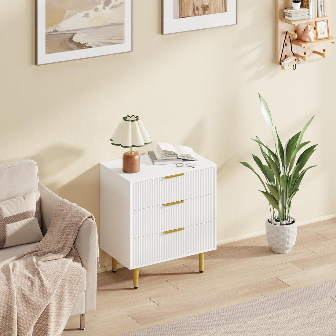 Garvee commode cannelée, 3 à 6 tiroirs, MDF, poignées et pieds en métal, blanc, noir, naturel, vert, style moderne et minimaliste, pour la chambre ou le salon