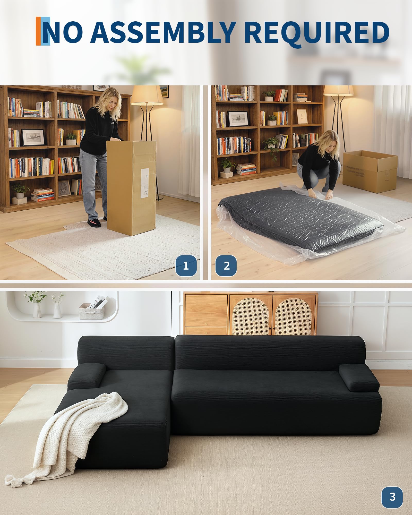 Canapé d'angle Garvee Cloud 108" avec méridienne - Canapé ultra moelleux sans dossier, velours côtelé ultra doux, canapé en L, confortable, noir, salon
