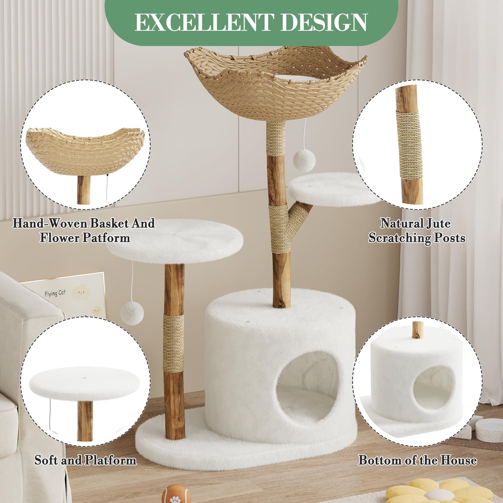 Arbre à chat Garvee 43'' en bois naturel avec panier en rotin pour salon, stable pour les grands chats, design moderne, peluche douce
