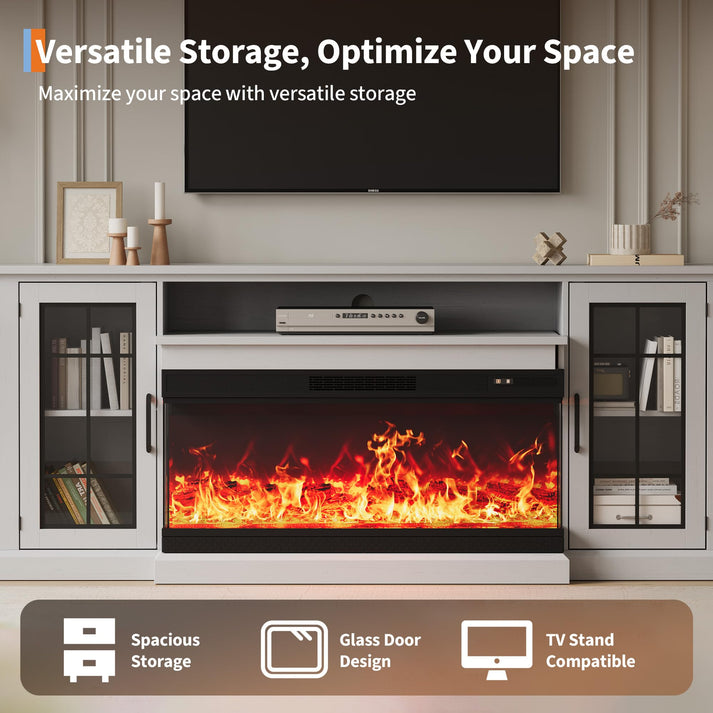 Meuble TV cheminée au style ferme avec portes en verre