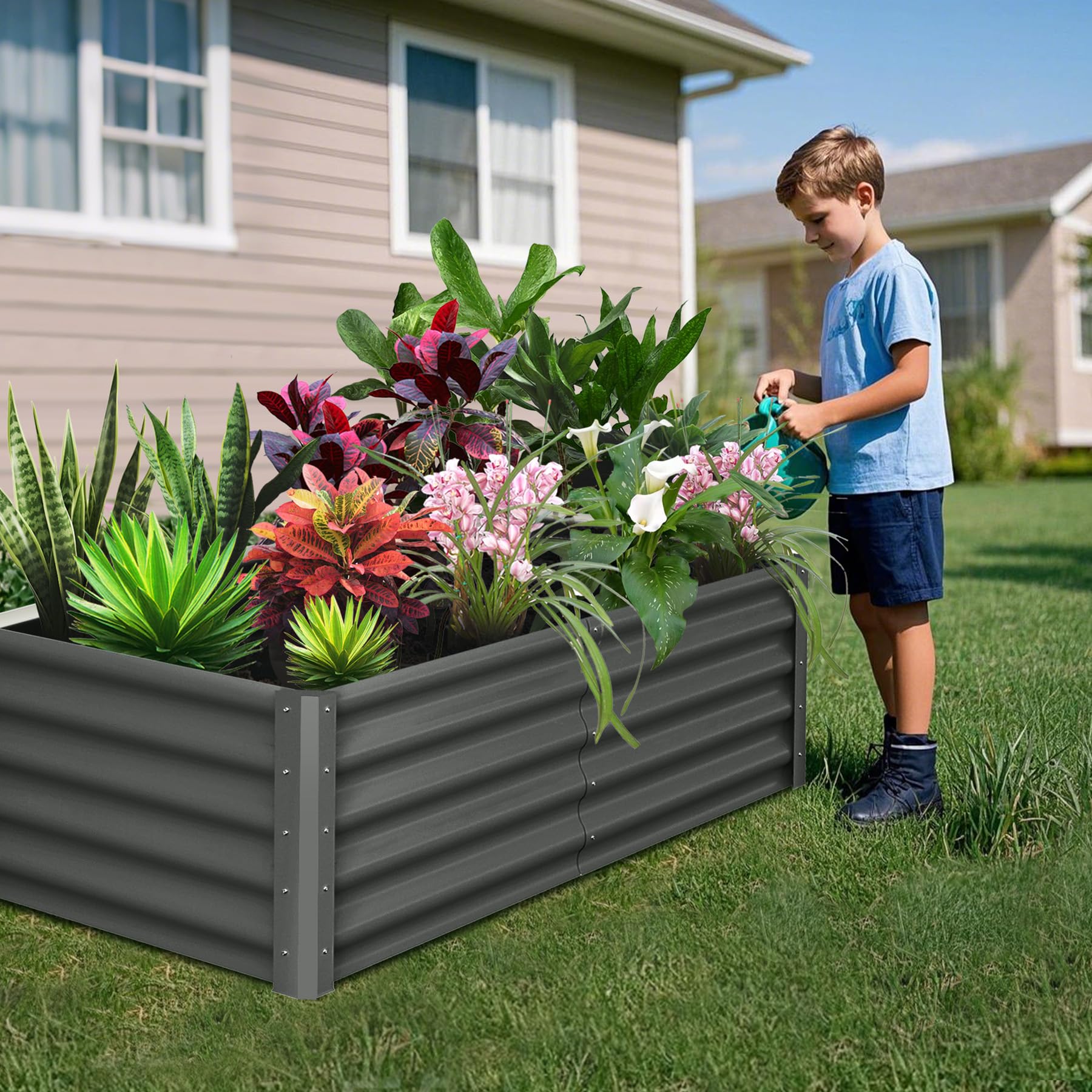 Jardinière surélevée galvanisée Garvee 182 x 91 x 46 cm (6 x 3 x 1,5 pi) - Construction robuste en acier - Protection antirouille - Fond ouvert - Coins de sécurité