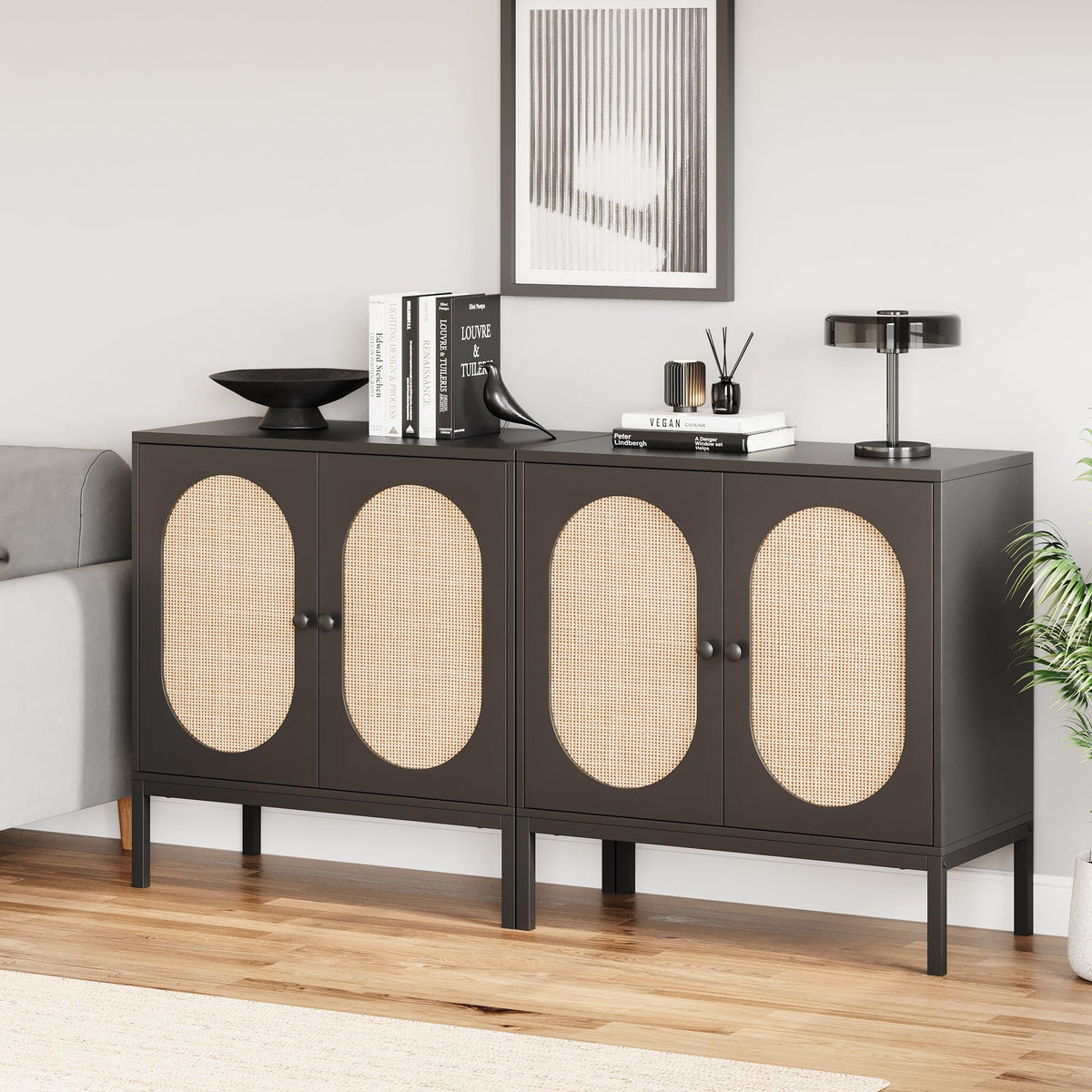 Garvee buffet en rotin tressé à la main, avec portes et étagères, en MDF noir, pour le salon et la salle à manger, 80 × 40 × 83 cm, noir