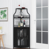 Meuble bar d'angle Garvee, 5 niveaux avec porte-verres, étagères réglables, structure en métal, MDF, porte coulissante de style grange, noir, pour salon et cuisine, 47 x 45 x 154 cm