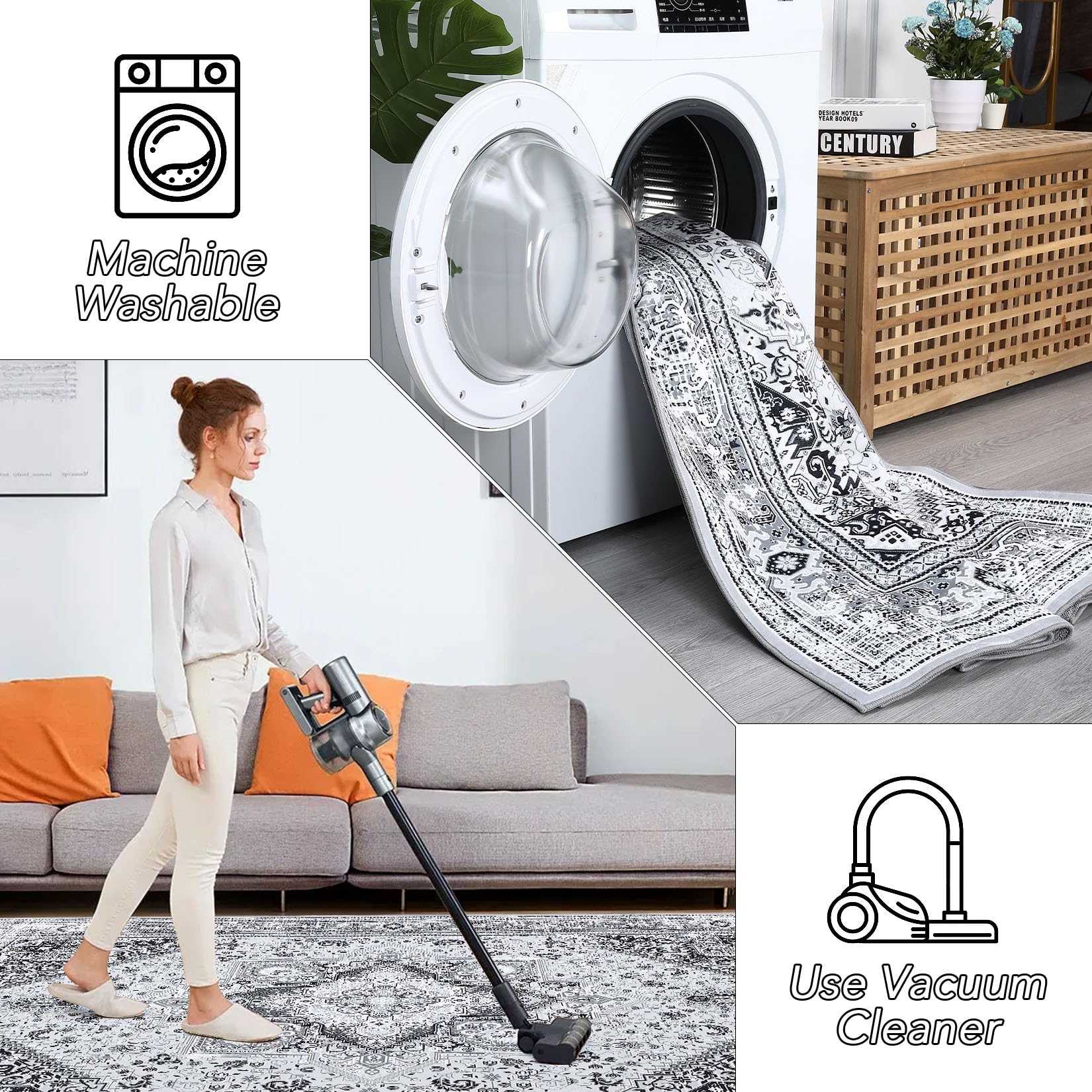 Tapis Garvee style bohème vintage, lavable en machine, antidérapant, gris, 120 x 170 cm, salon, chambre