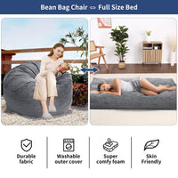 Pouf géant Garvee pour adultes, convertible en lit pouf 2 en 1, housse en velours côtelé lavable, gris clair, pour salon et chambre.