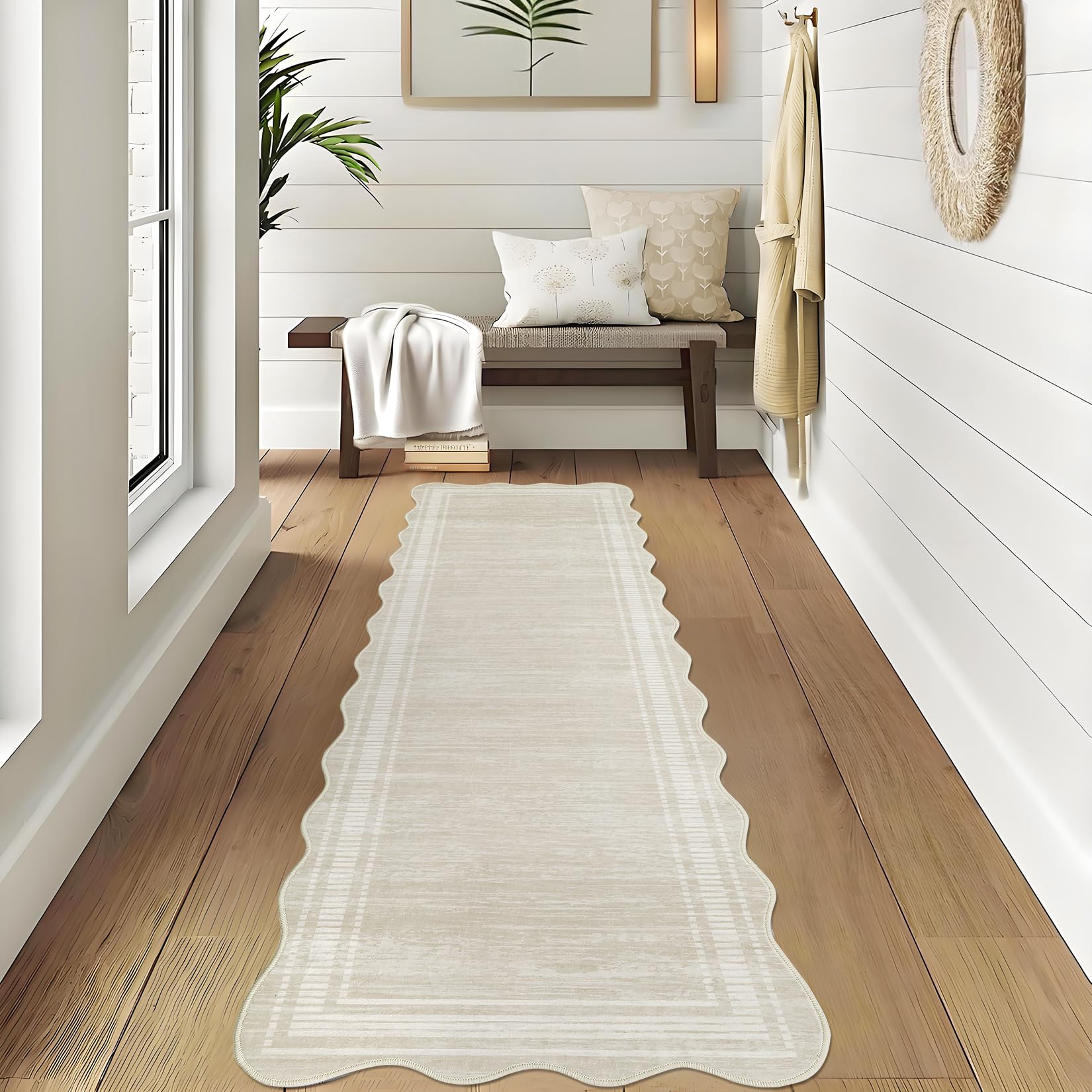 Tapis de couloir lavable Garvee 60 x 180 cm, antidérapant, résistant aux taches, en polyester couleur crème, pour cuisine et couloir