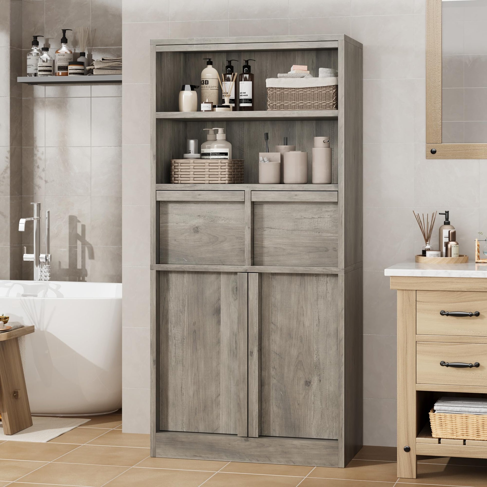 Armoire de salle de bain haute Garvee avec portes et 2 tiroirs, 130 cm de hauteur, MDF, imperméable, résistant aux rayures, autoportante, grise, polyvalente