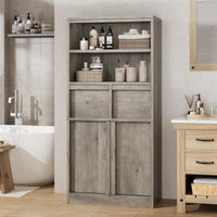 Armoire de salle de bain haute Garvee avec portes et 2 tiroirs, 130 cm de hauteur, MDF, imperméable, résistant aux rayures, autoportante, grise, polyvalente