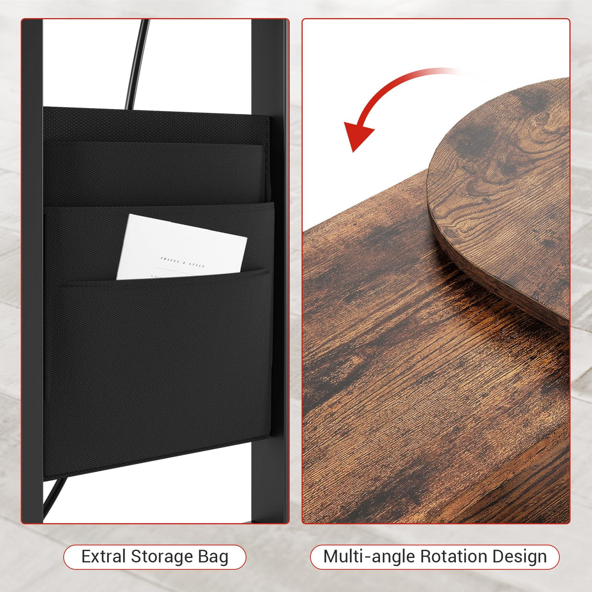 Garvee table d'appoint pivotante à 360° avec station de charge, 6 roulettes, MDF et métal, salon et chambre, noire