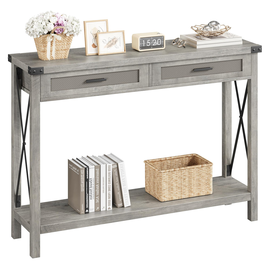 Console Garvee style ferme avec paniers en rotin, 109 cm, grise, idéale pour le salon et le couloir.