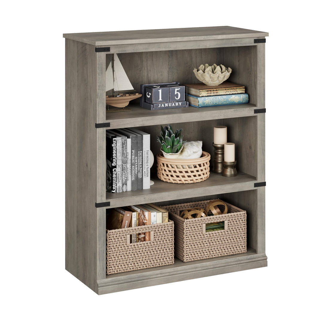 Garvee Bibliothèque triple largeur à 4 niveaux, grande et robuste, style industriel, en bois gris, 101,6cm (H)×80cm (L)×31cm (P), pour salon