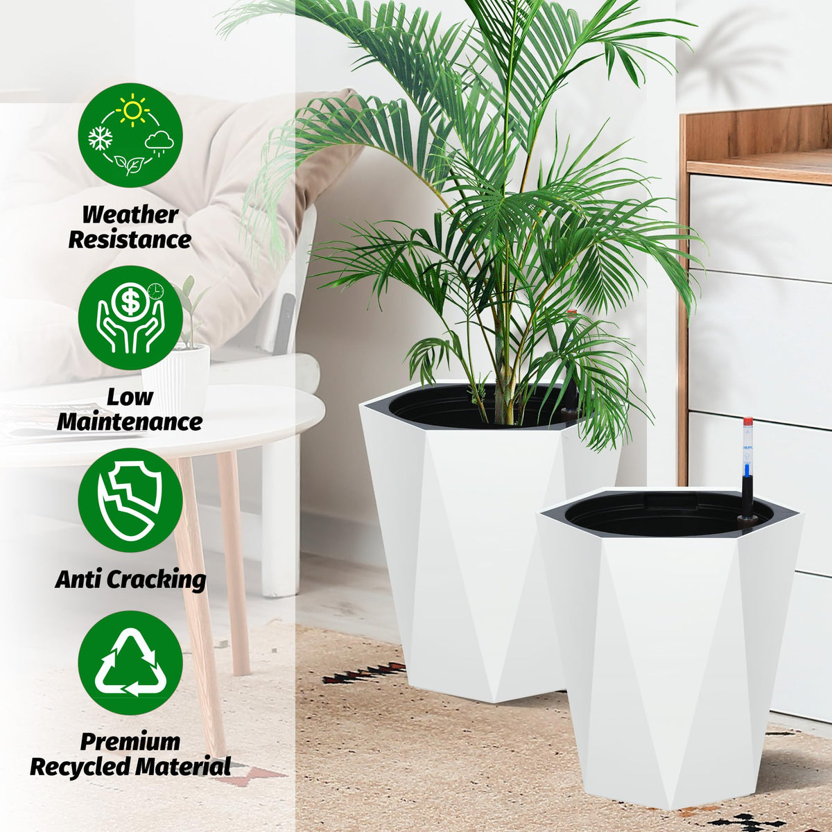 Garvee Lot de 2 jardinières diamant de 40 cm de haut, à arrosage automatique avec indicateur de niveau d'eau et roulettes, blanches, pour balcon et salon
