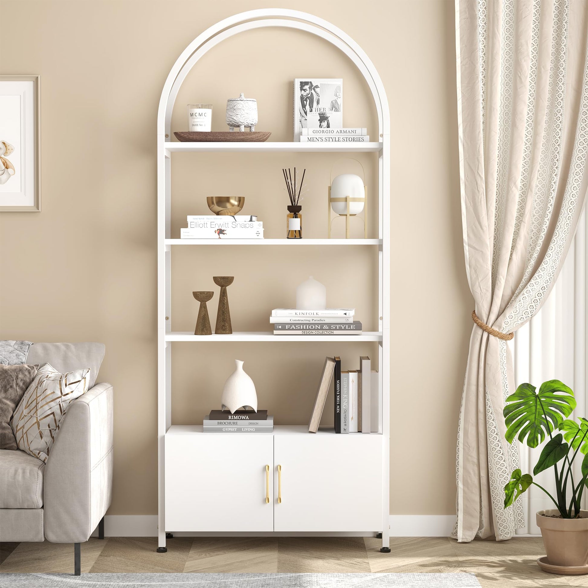 Bibliothèque moderne Garvee à 4 niveaux avec portes, structure en métal, pour bureau et salon, hauteur 182 cm, blanche