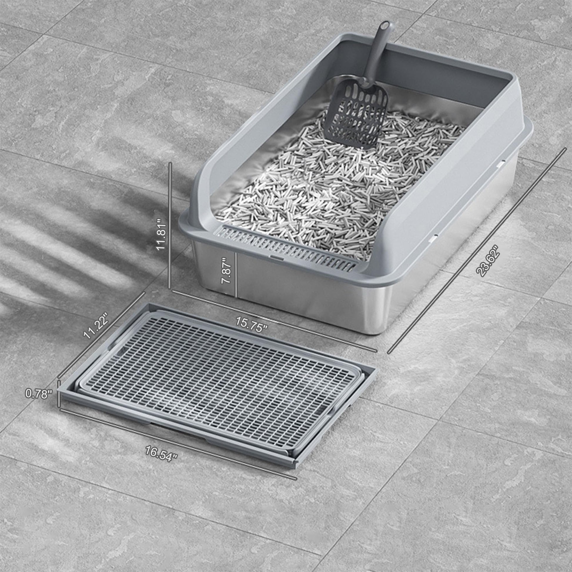 Bac à litière Garvee XL en acier inoxydable avec couvercle, profondeur 20 cm, antirouille, double tapis de litière, pour grands chats, gris