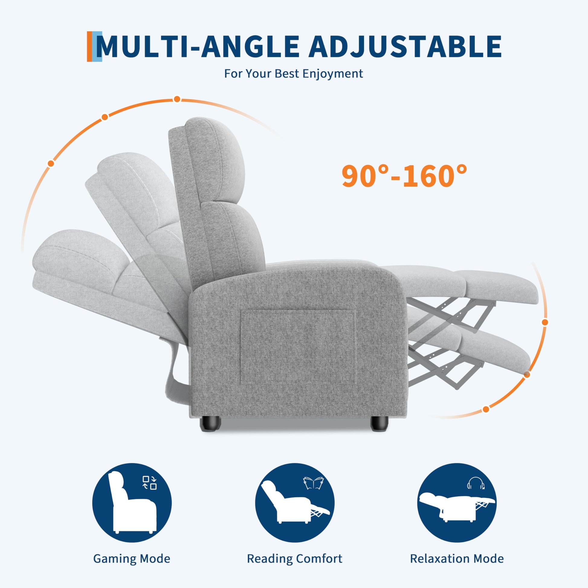 Fauteuil inclinable Garvee pour adultes, ergonomique et réglable, avec poche latérale, dossier haut, larges accoudoirs, assise rembourrée, idéal pour le salon ou la salle de cinéma maison.