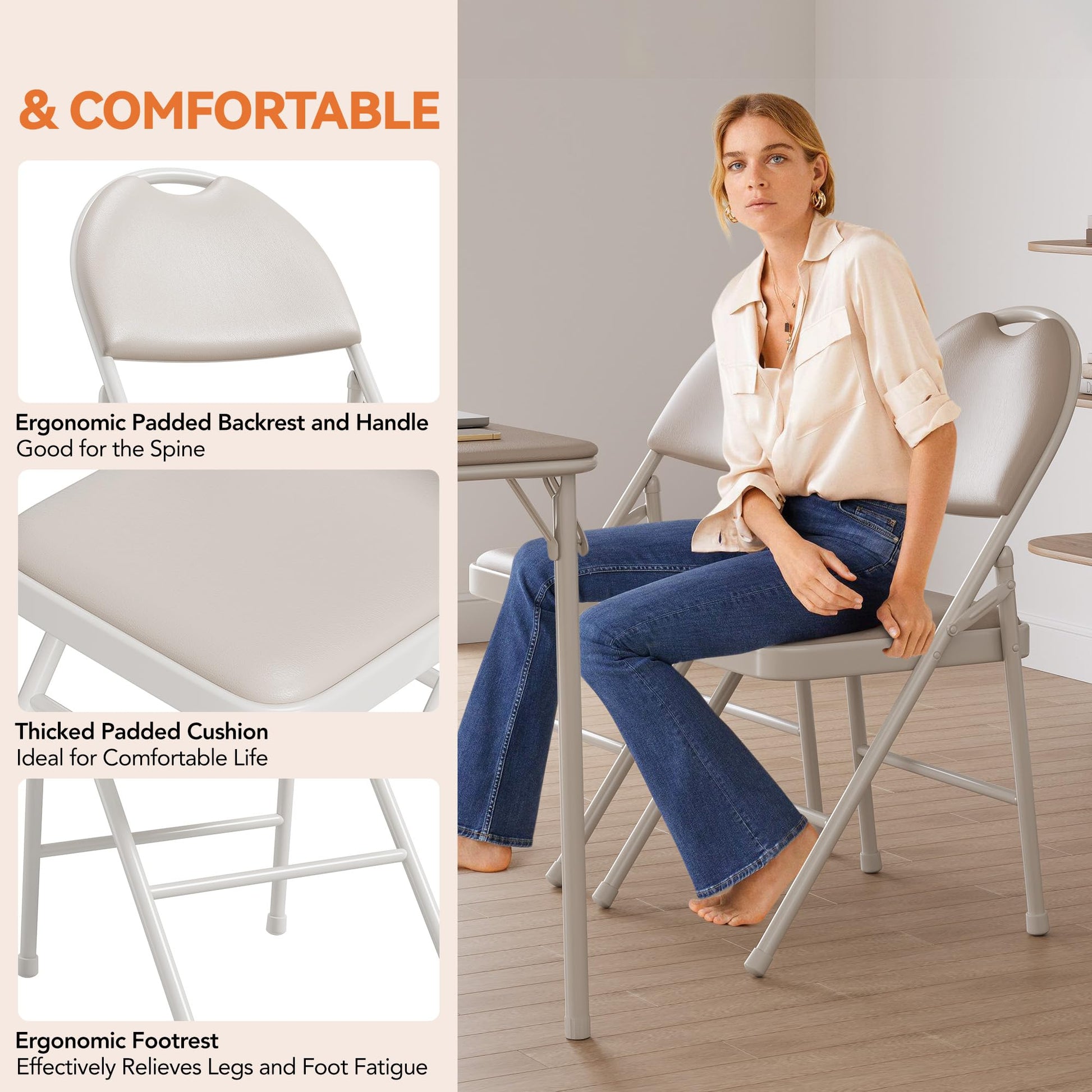 Ensemble de 4 chaises pliantes Garvee avec assise rembourrée en PU, pieds en métal, patins antidérapants, beige, empilables et ergonomiques, idéales pour le bureau et les événements.