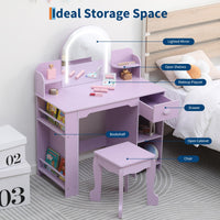 Coiffeuse Garvee pour enfants avec miroir lumineux, meuble-lavabo et tabouret 2 en 1, MDF, éclairage LED, espace de rangement, pour filles de 3 à 9 ans, chambre et salle de jeux