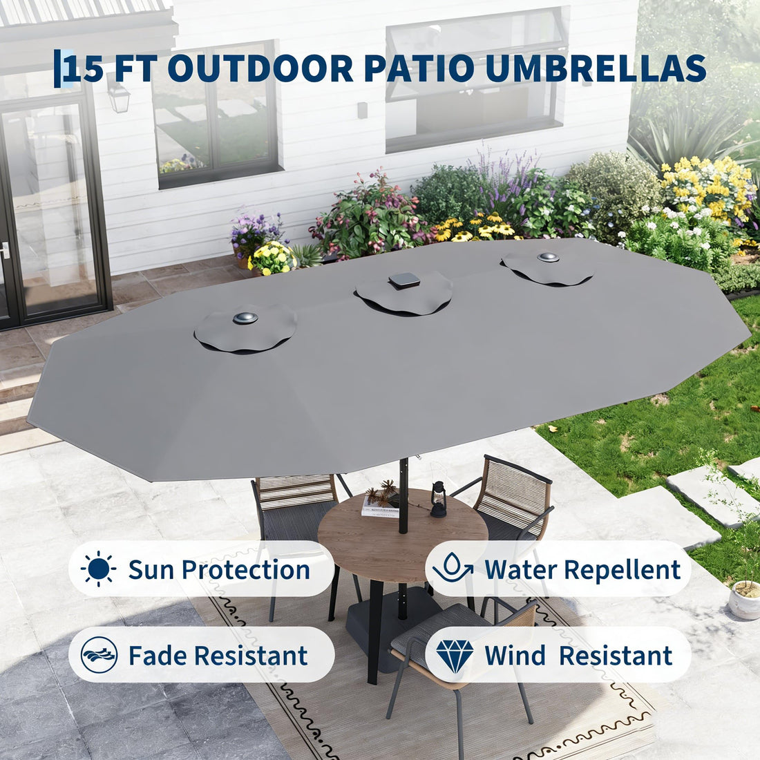 Garvee Parasol Rectangulaire 270 × 450 cm avec Éclairage LED et Recharge Solaire, Base Robuste, pour Terrasse, Jardin, Piscine et Événements, Gris