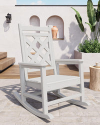 Fauteuil à bascule d'extérieur Garvee en PEHD résistant aux intempéries avec imitation bois pour terrasse et jardin, capacité de charge de 172 kg, blanc, ergonomique et facile à nettoyer