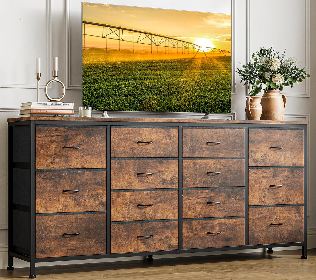Garvee Meuble TV 160 cm pour téléviseurs 165 à 190 cm, 14 tiroirs, structure bois et tissu, prises intégrées, anti-basculement, idéal salon et chambre.