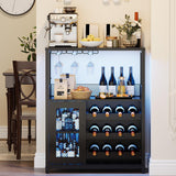 Garvee Meuble à Vin Industriel avec Casier à Bouteilles, Éclairage LED Réglable, Structure en Métal Robuste et Porte en Verre Transparente, L. 69 × P. 35 × H. 92 cm, pour Salon et Cuisine - Noir