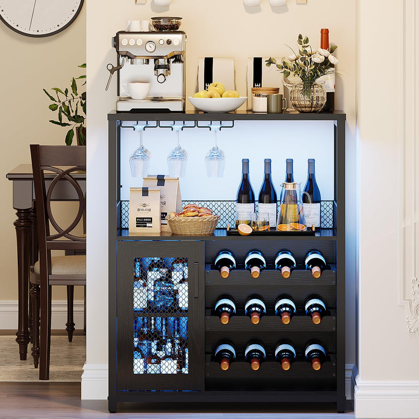 Cave à vin avec casiers réglables, porte-verres et rangements fermés