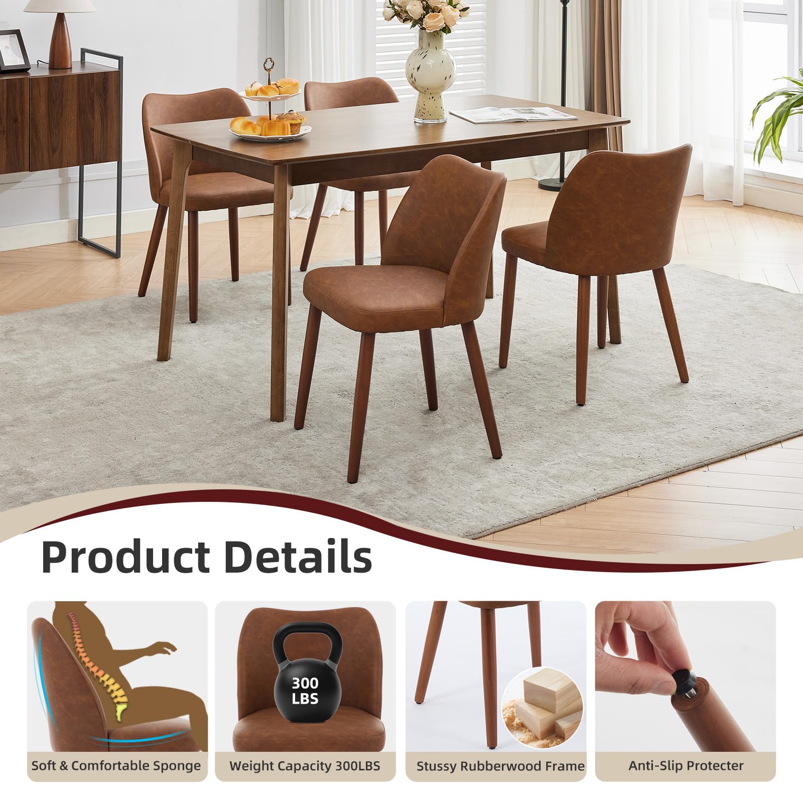Ensemble de 2 chaises de salle à manger Garvee, cuir, dossier à oreilles, pieds en bois, style moderne, marron, pour salle à manger et salon