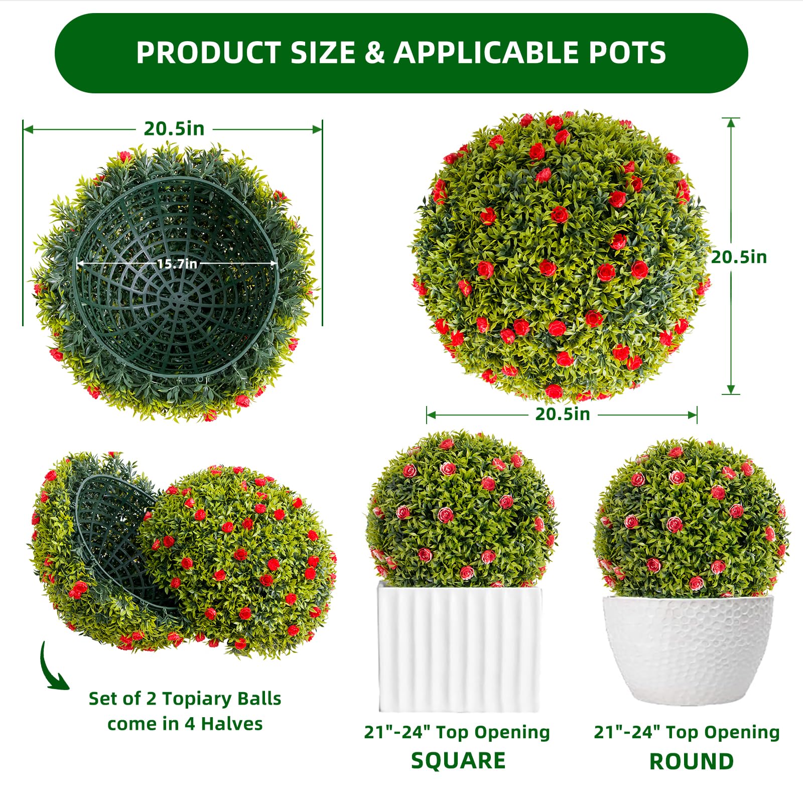 Garvee Lot de 2 boules de buis artificiel de 52 cm (20,5 po) avec fleurs rouges pour balcon et jardin, en PE vert