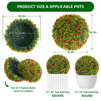 Garvee Lot de 2 boules de buis artificiel de 52 cm (20,5 po) avec fleurs rouges pour balcon et jardin, en PE vert