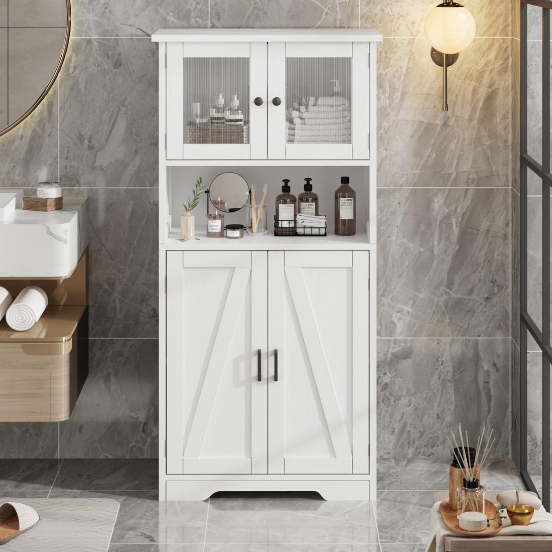 Garvee armoire de salle de bain haute avec portes vitrées, étagères réglables, MDF, blanche, autoportante, 60 cm (L) × 30 cm (P) × 128 cm (H)