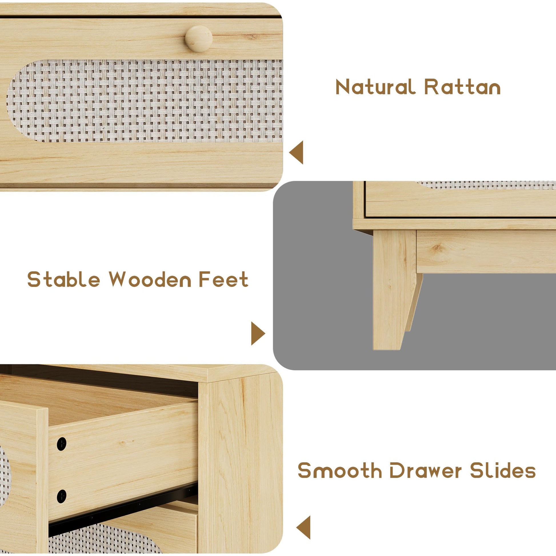 Garvee commode en rotin, 6 tiroirs, ports USB, bois naturel, style bohème, chambre et salon, 132 cm (L) × 79 cm (H), coloris naturel
