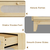 Garvee commode en rotin, 6 tiroirs, ports USB, bois naturel, style bohème, chambre et salon, 132 cm (L) × 79 cm (H), coloris naturel