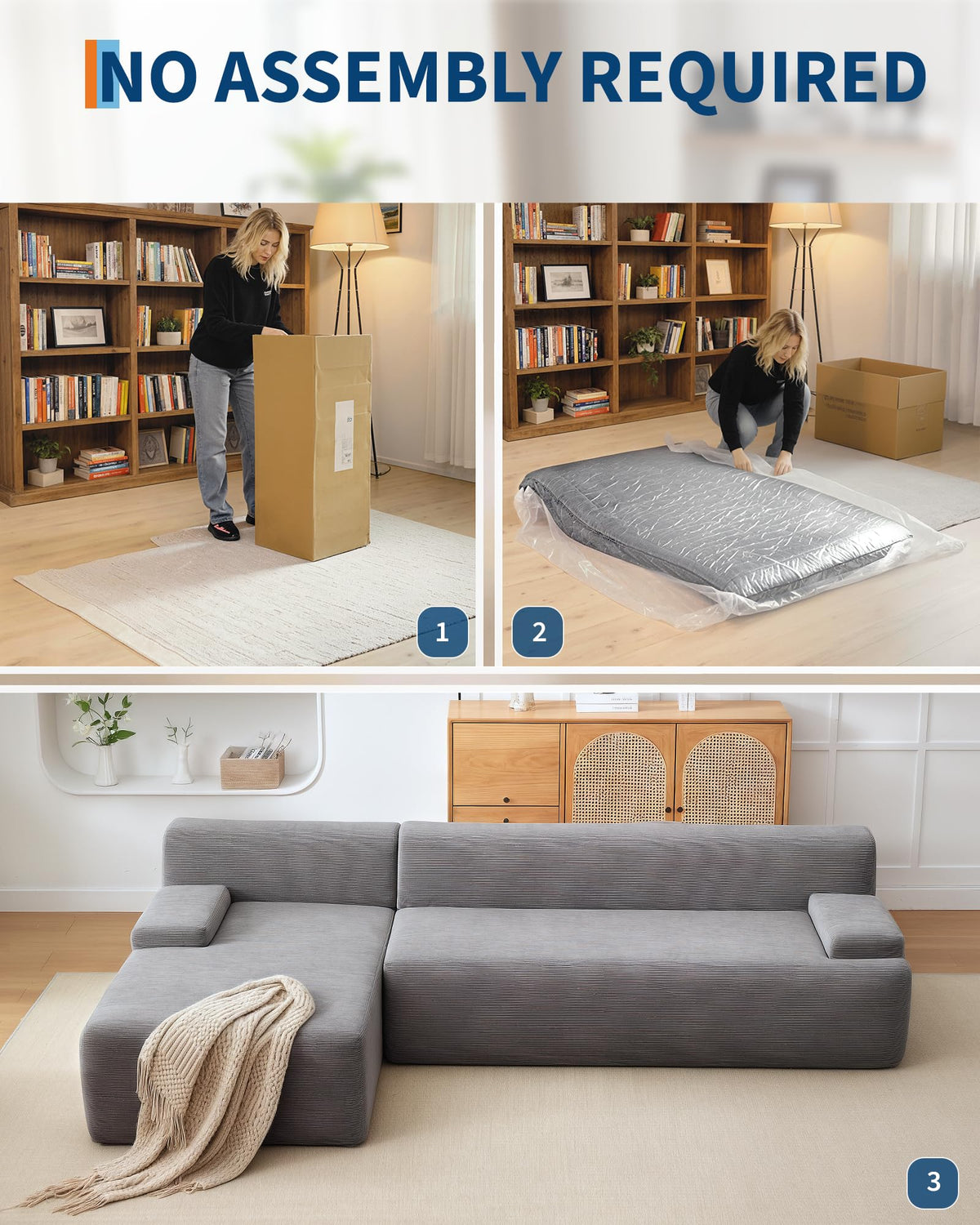 Canapé d'angle Garvee Cloud 108" avec méridienne, canapé ultra-doux sans ossature, tissu velours côtelé, forme en L, super moelleux, salon