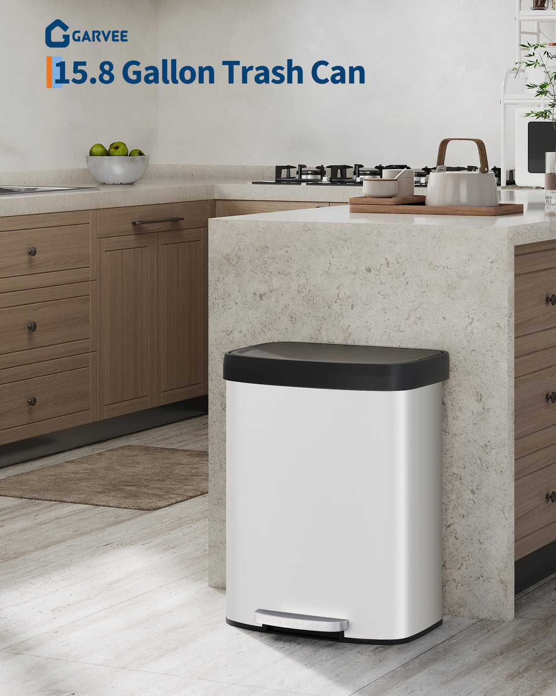 Poubelle métallique Garvee de 60 litres avec couvercle, antirouille, fermeture amortie, idéale pour la cuisine et le bureau, blanche, ergonomique, avec rebord intérieur.