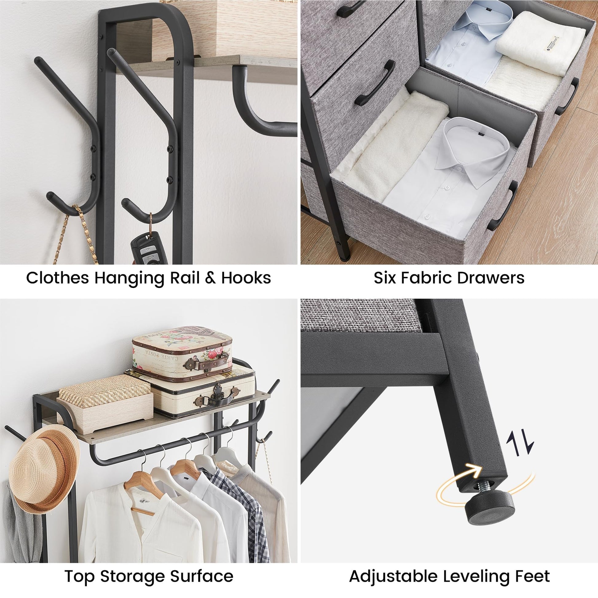 Portant à vêtements Garvee avec 4 tiroirs en tissu, structure en métal et plateau en bois, idéal pour la chambre et l'entrée. Gain de place, sûr et compact.