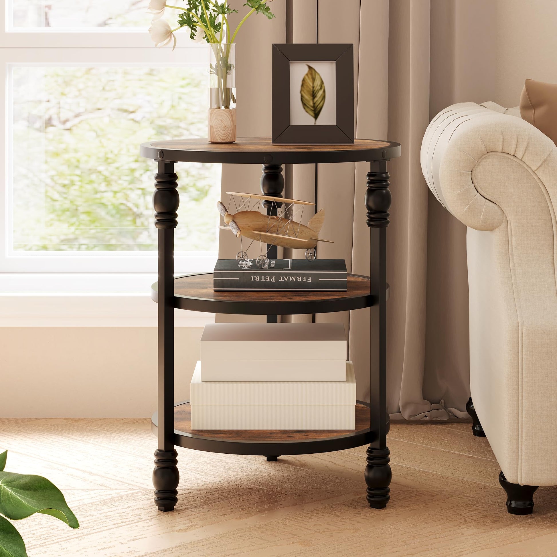 Garvee Table d’appoint ronde 3 niveaux avec étagère de rangement, pieds en métal et plateau MDF, style vintage, idéale salon et chambre.