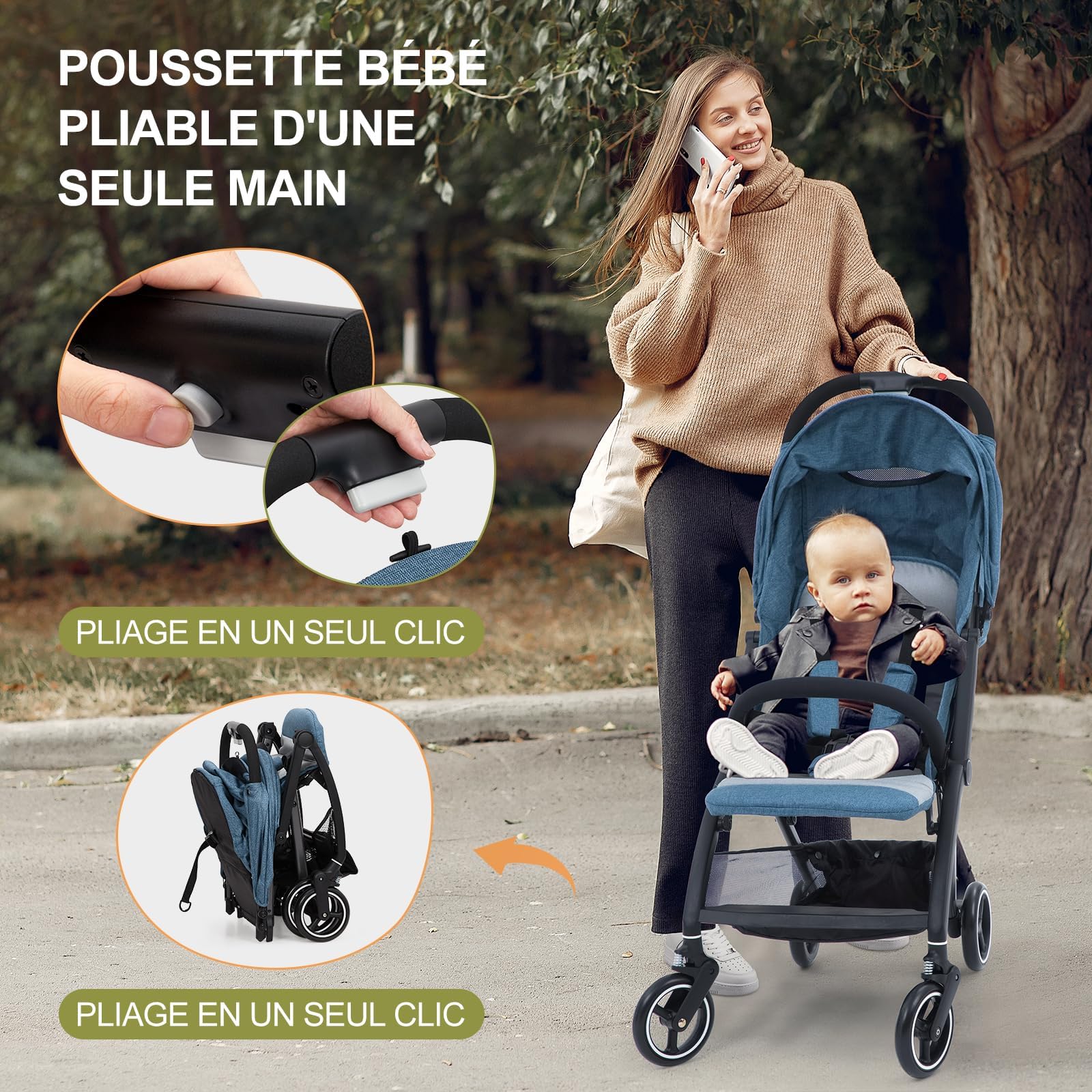 Poussette GARVEE, poussette de voyage pliable, compacte et ultralégère, pour les nouveau-nés jusqu'à 22 kg, dossier réglable, grande capote avec fenêtre, pneus EVA