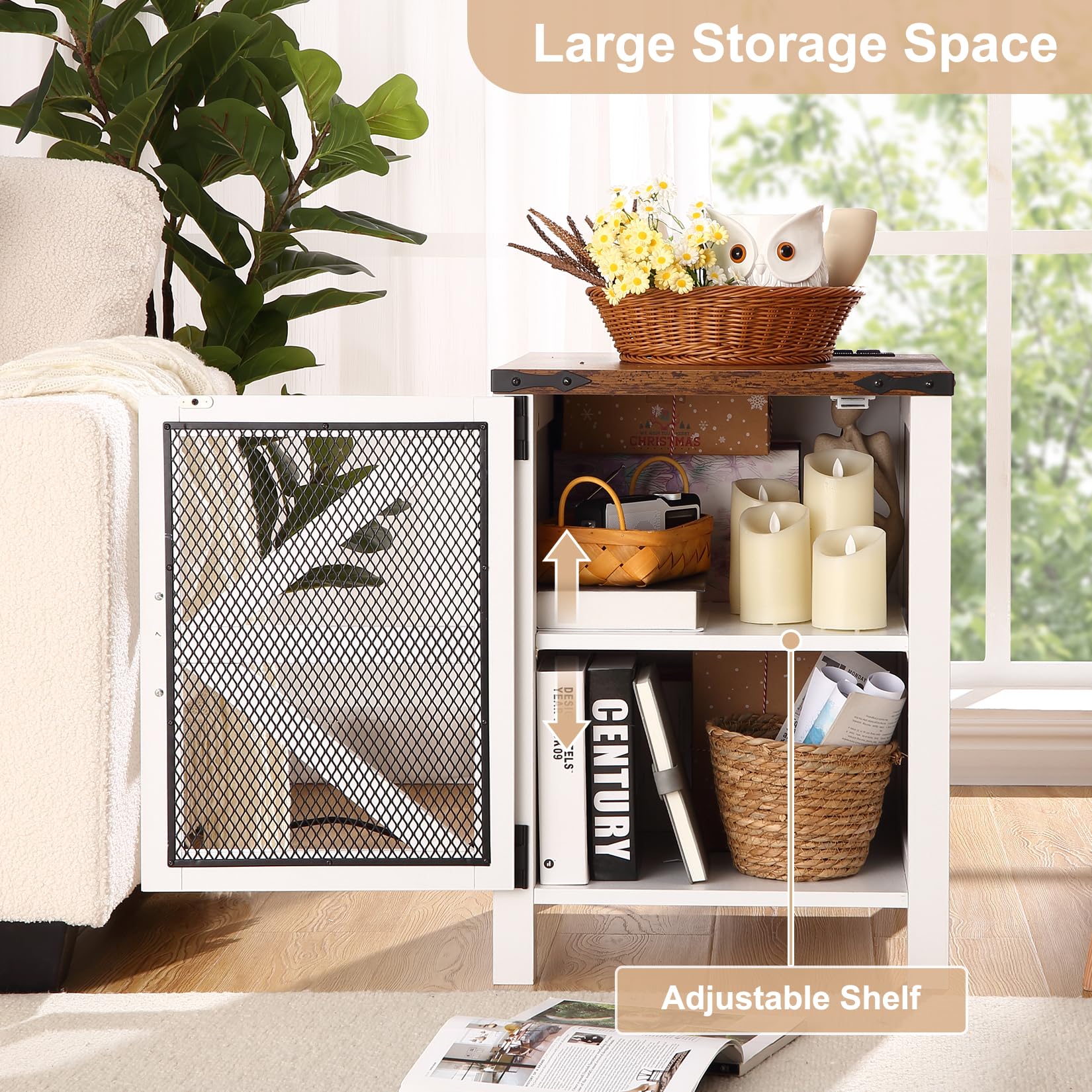 Garvee table de chevet style campagne avec chargeur intégré, plateau de 46 cm, 2 ports USB, 2 prises de courant, bois, étagères réglables, chambre, salon