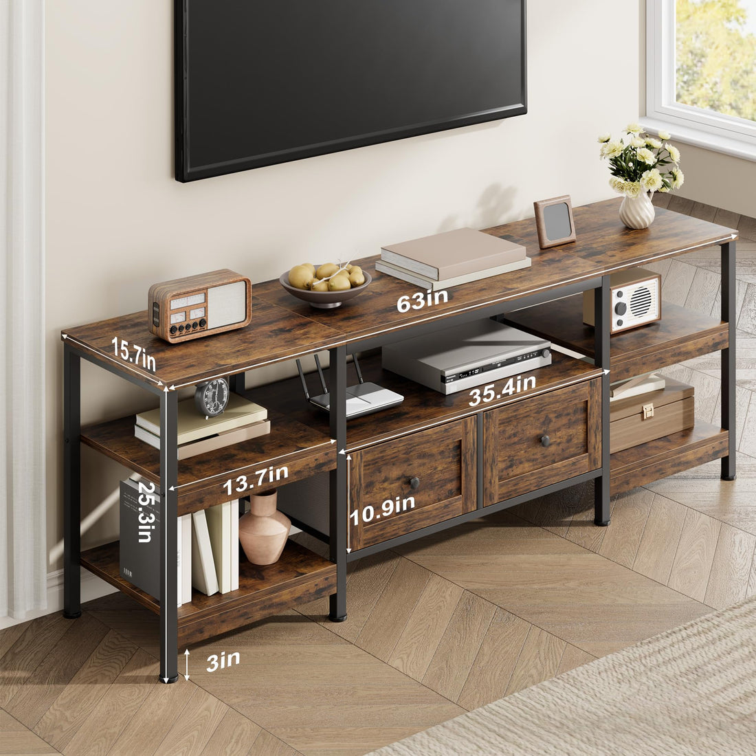 Garvee meuble TV rustique 160 cm pour téléviseurs jusqu'à 165 cm avec 2 tiroirs et étagères ouvertes, style industriel, marron, pour le salon et le bureau