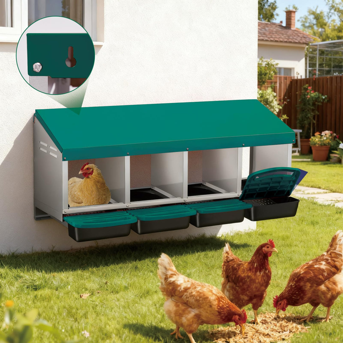 Garvee Nichoir pour Poules 4 Compartiments, Métal Galvanisé au Zinc avec Poignée en Plastique, Résistant pour Poulailler et Ferme, Vert