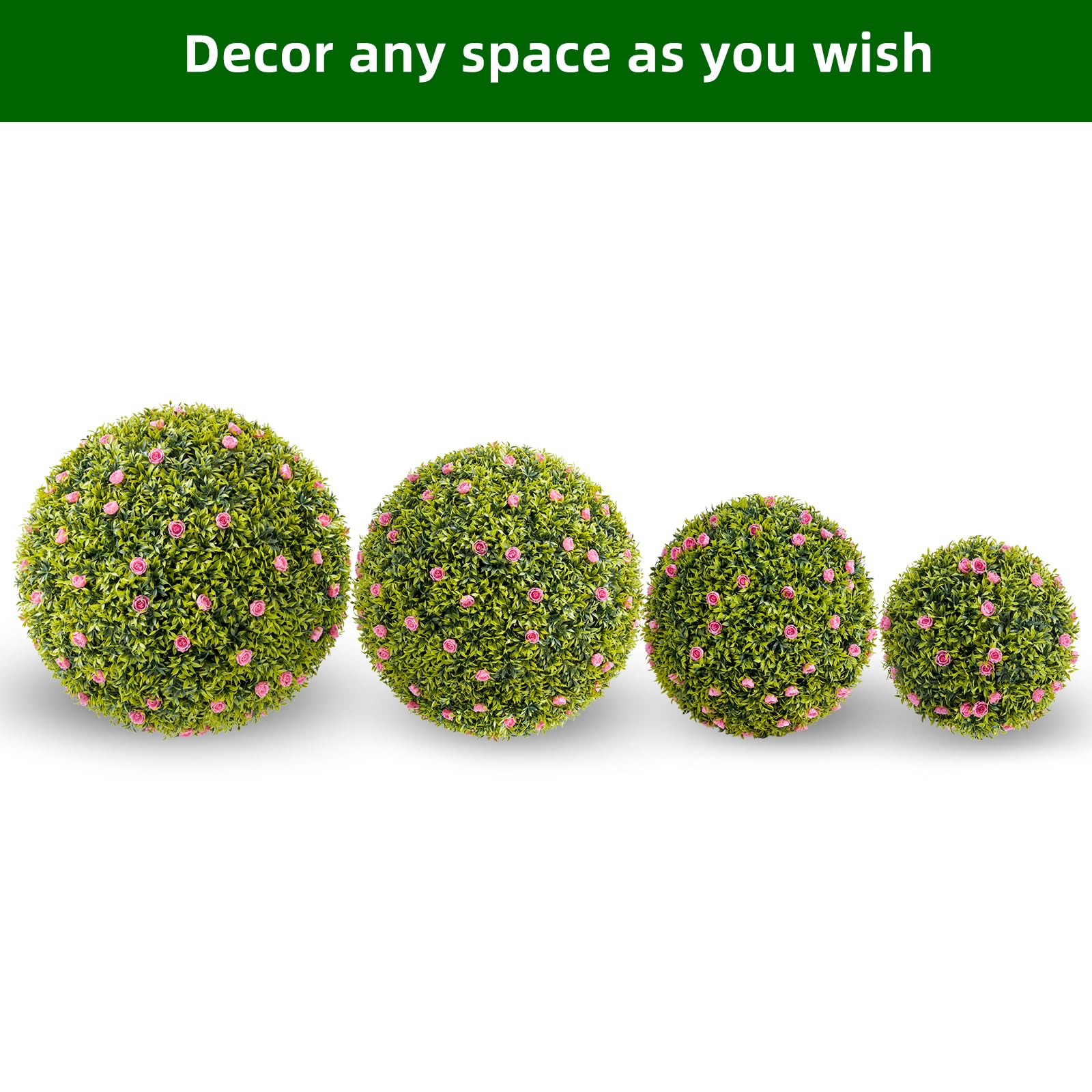Ensemble de 4 boules de buis artificiel Garvee de 32 cm avec fleurs roses, pour balcon et jardin. Résistantes aux UV, sans entretien, en polyéthylène (PE), vert et rose.