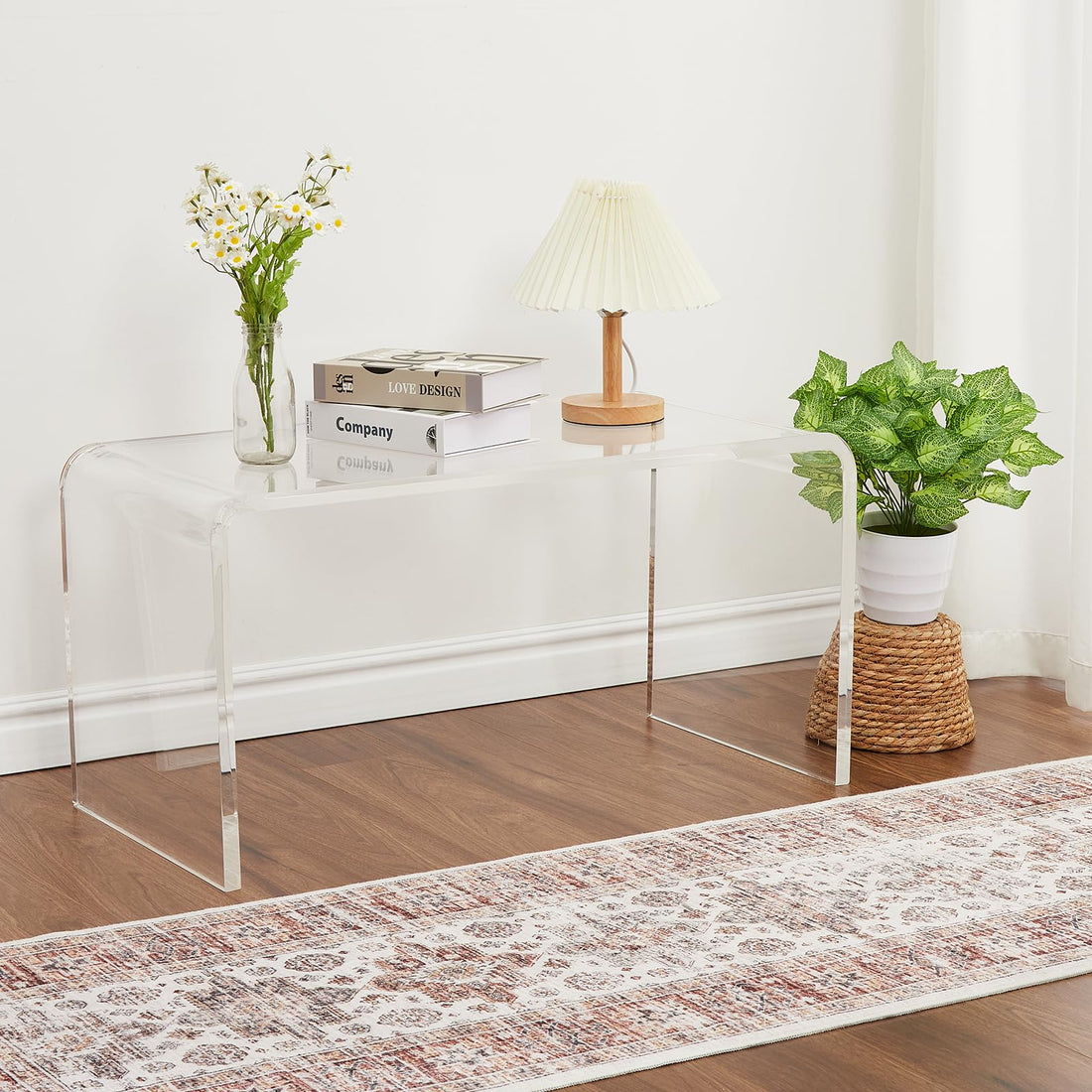 Table basse Garvee en acrylique transparent en forme de U, 81 x 40 x 42 cm, idéale pour salon ou terrasse.