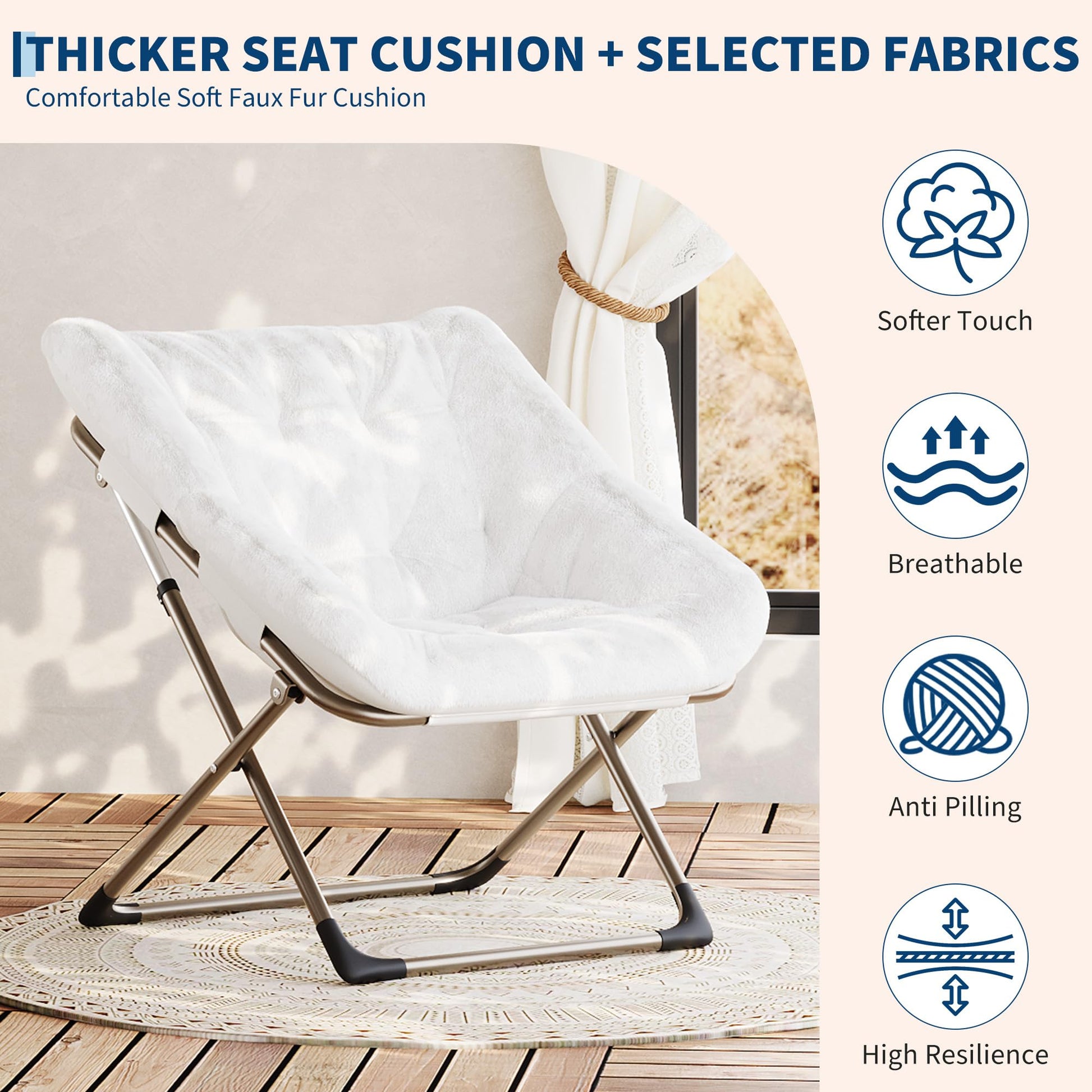 Garvee Fauteuil saucer pliable adulte avec coussin en fausse fourrure, dossier haut, structure en acier, compact et confortable pour appartement et chambre universitaire