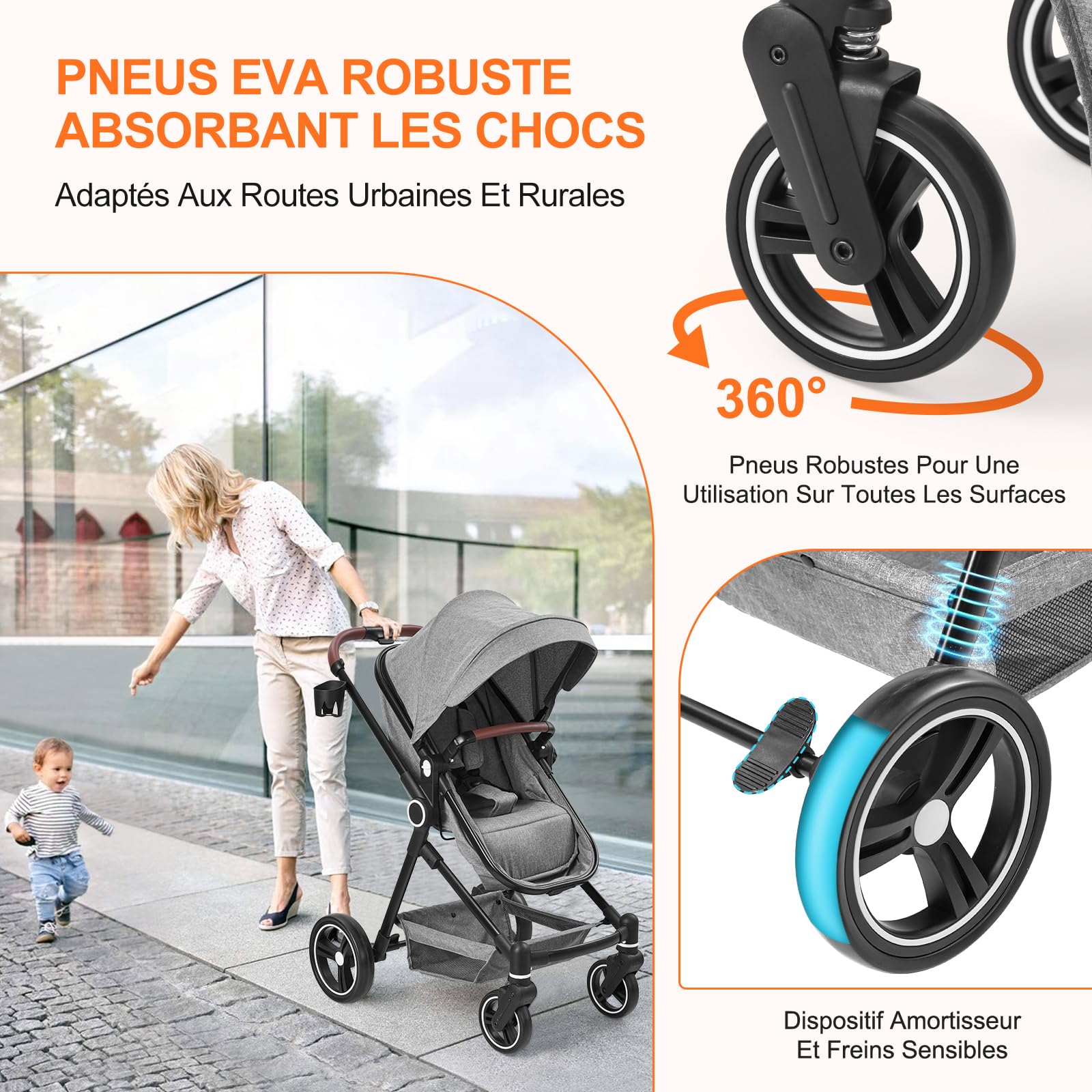 Garvee Poussette Bébé 2 en 1 S600, Assise Haute Vision, Système de Voyage Compact et Léger, Réversible, Pliable, Gris Clair