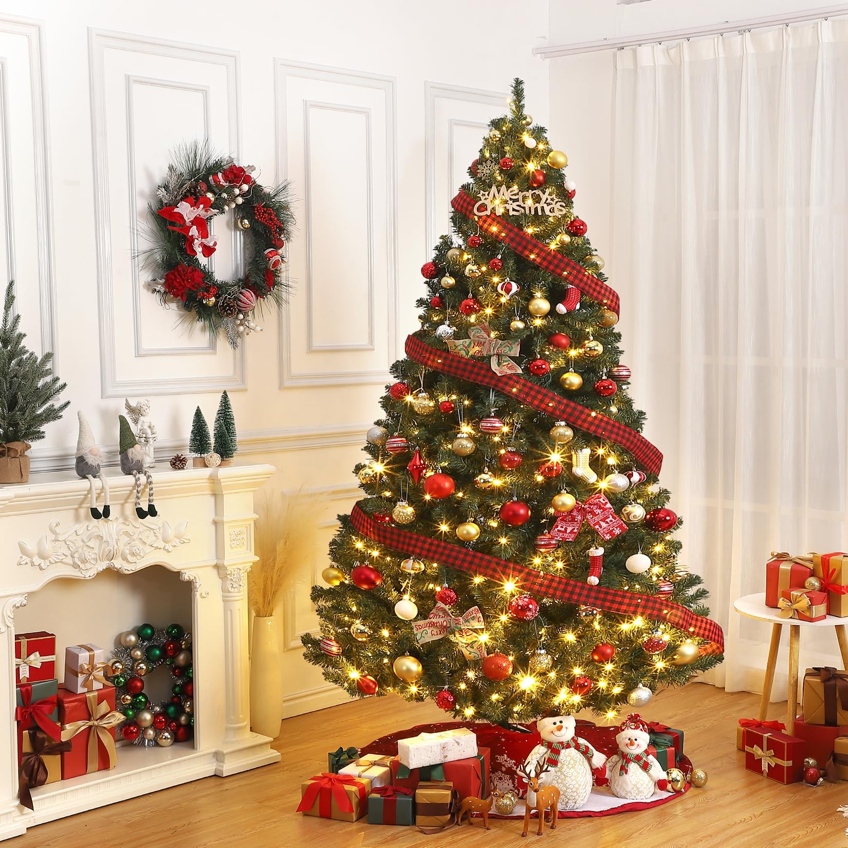 Sapin de Noël artificiel Garvee 180 cm – 250 LED, sapin en PVC, Ø 114 cm, vert, pied en métal
