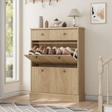 Garvee Meuble à chaussures avec 2 tiroirs abattants et 1 tiroir supérieur bois chêne naturel pour entrée et couloir compact design flûté anti-basculement - Chêne naturel