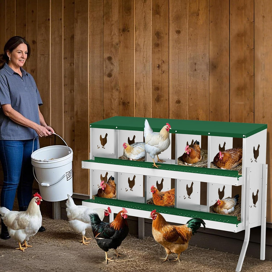 Garvee pondoir pour poules à 10 compartiments avec support métallique, acier galvanisé de 0,7mm, collecte automatique des œufs, idéal pour poulaillers