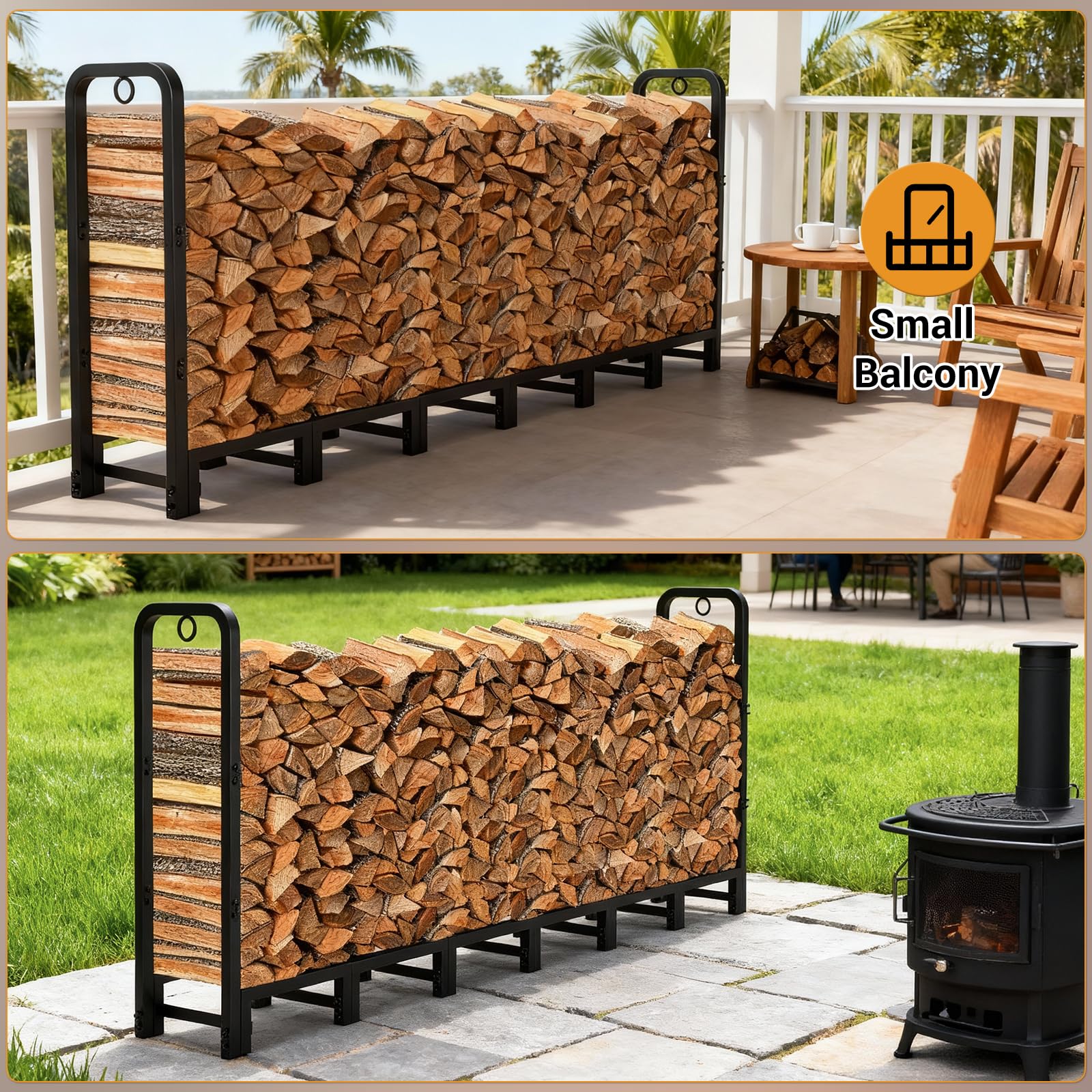 Support à bûches Garvee 244 x 30,5 x 105 cm, en métal, réglable, capacité de charge de 300 kg, revêtement en poudre, pour une utilisation intérieure et extérieure, noir.