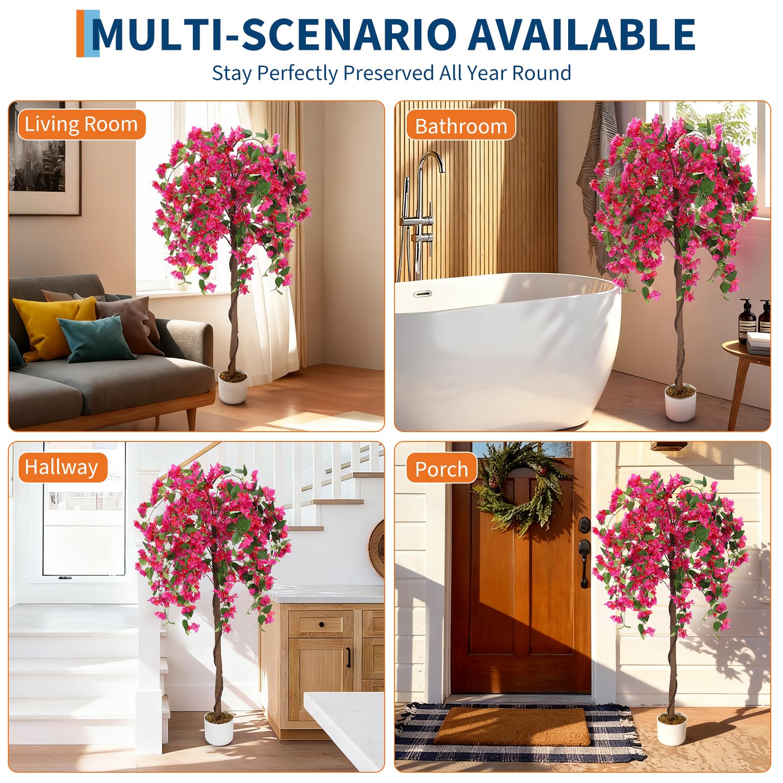 Bougainvillier artificiel Garvee de 1,5 m avec 168 fleurs rouges, tronc naturel, pot stable pour salon et bureau, rouge, polyester
